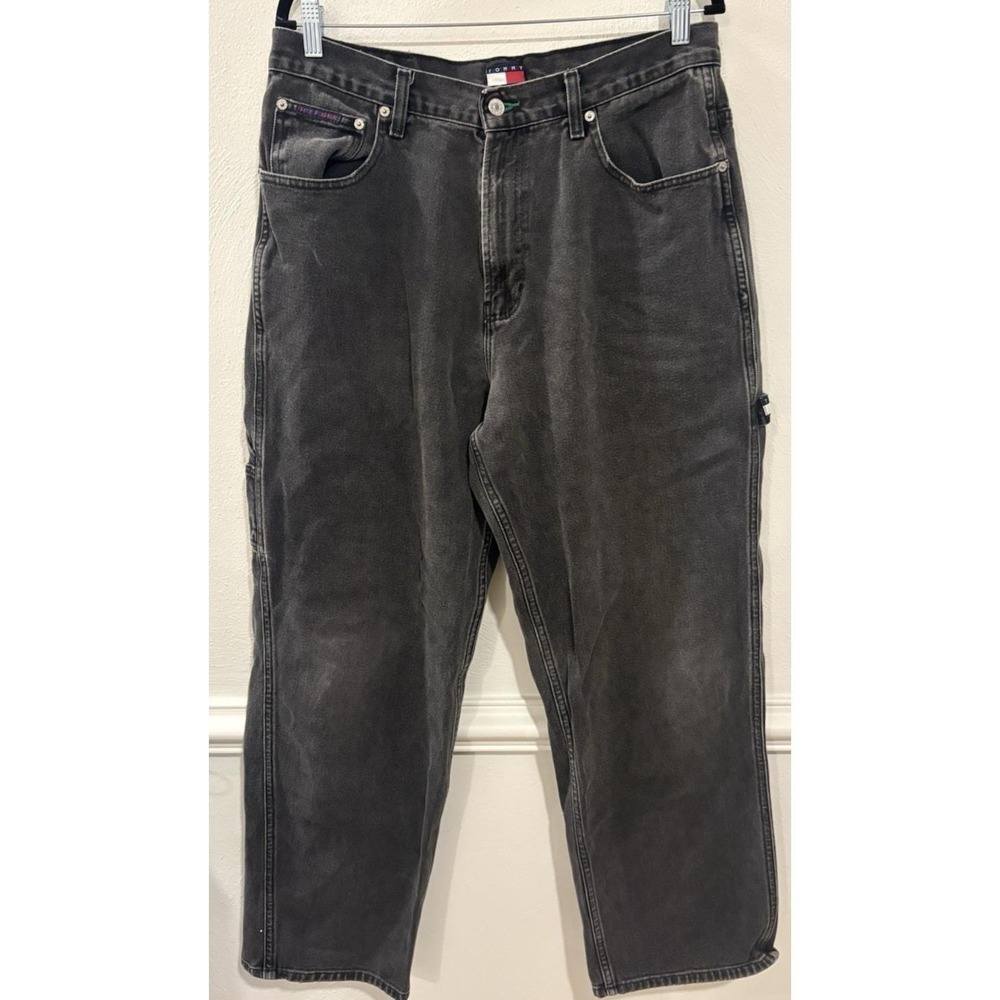Vintage Tommy Hilfiger Y2K Carpenter Jeans Mens 34x32 Black Baggy Wide Skater